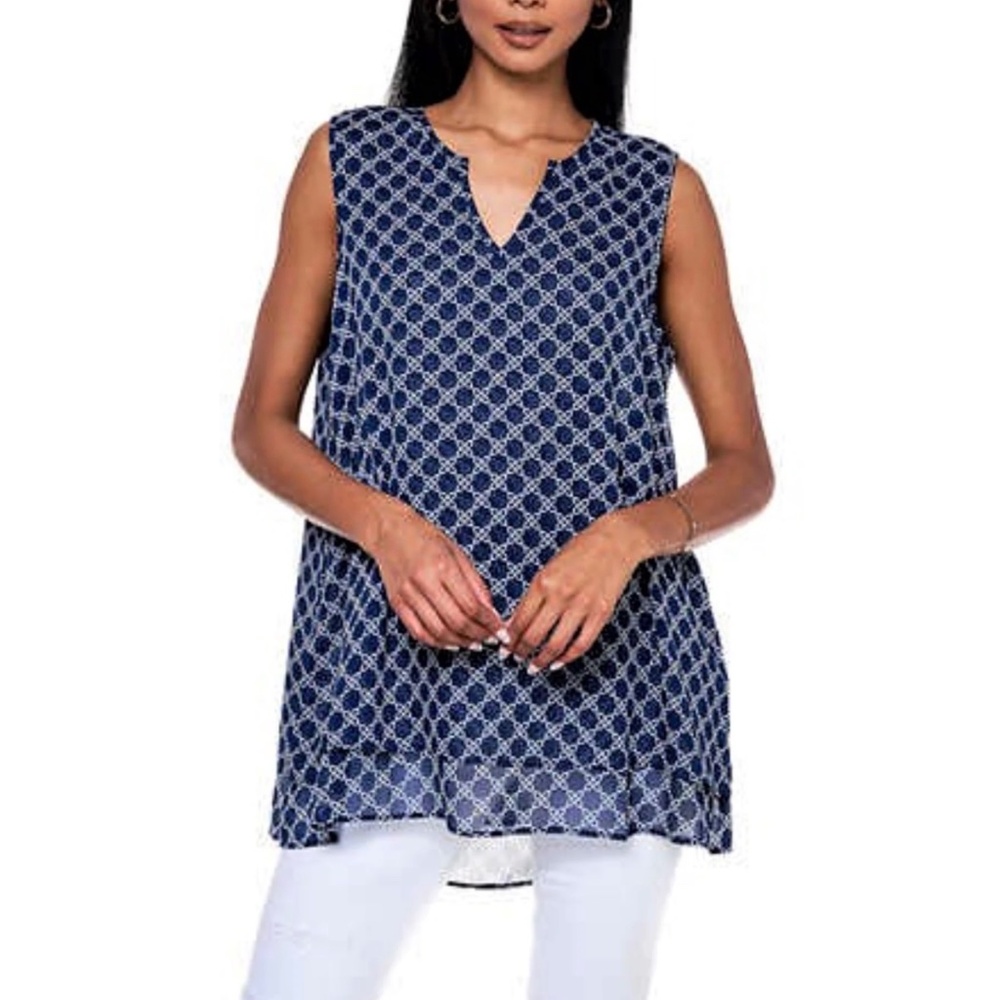 Navy and White Blouse Geo Print Tunic Top Coastal